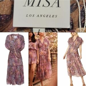 $398 NEW MISA L LARGE ILYA BOHO ROMANTIC FLORAL MAXI CHIFFON LAYERED FLOWY DRESS